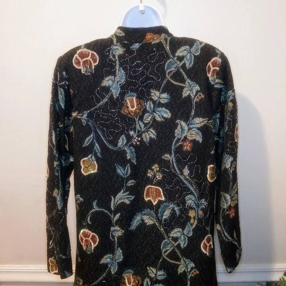 Indigo Moon Boho Beaded & Sequinned Black/Multi Long Floral Brocade Coat - Picture 9 of 12